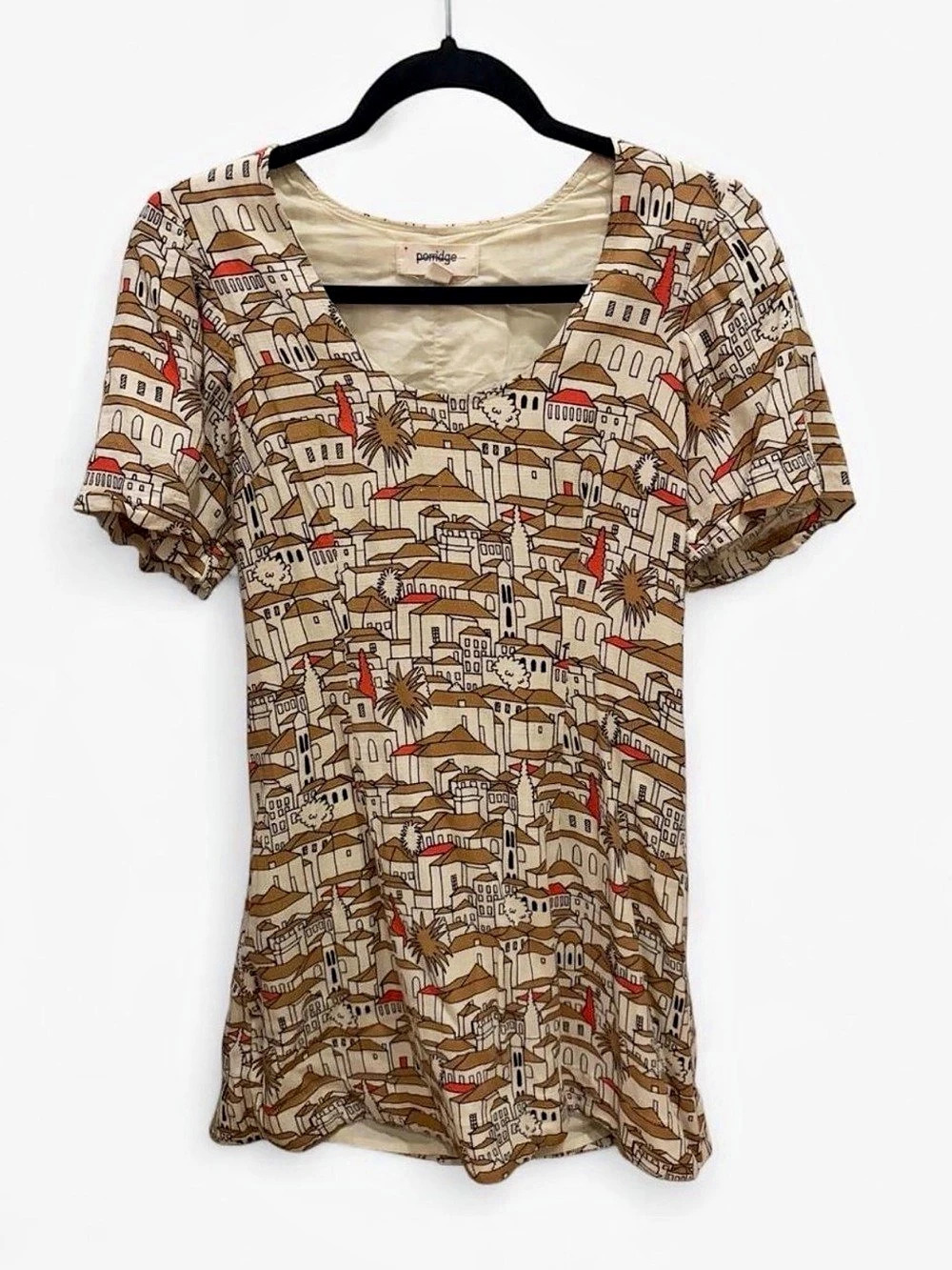 Vintage Printed Short Sleeve Dress in Brown & Red Like New